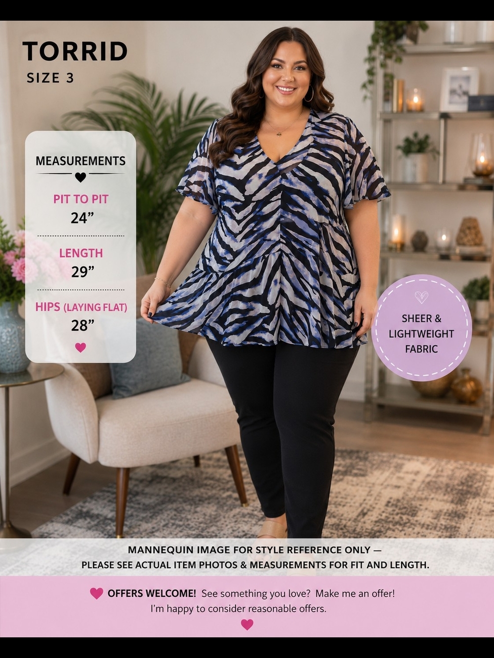 Torrid Size 3 Blue Black Abstract Print Sheer V-Neck Flutter Sleeve Blouse